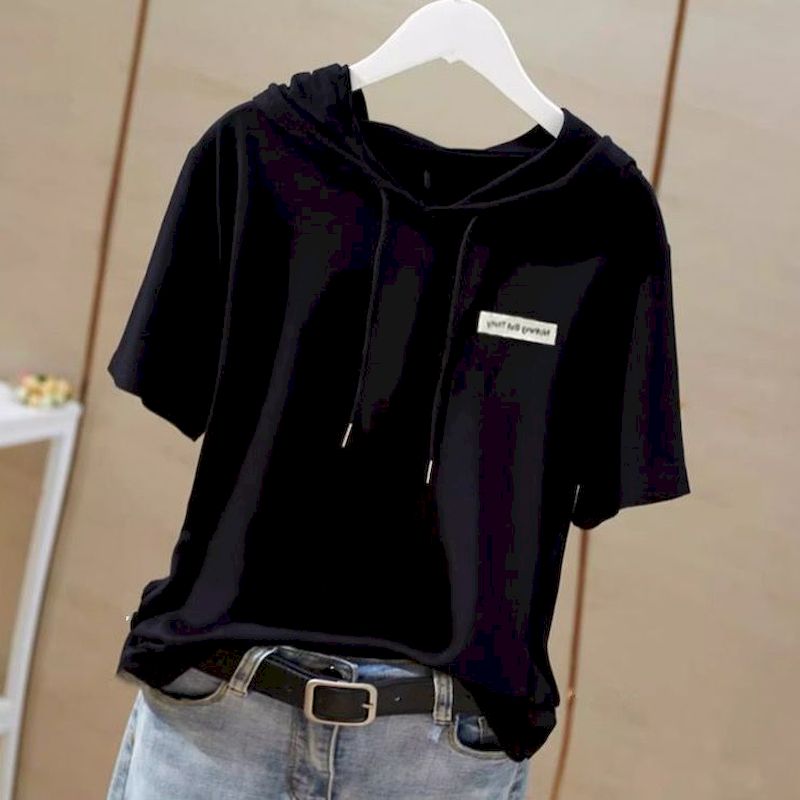 T-shirt blanc à capuche pour femmes, ample, en coton flammé, manches courtes, tendance d'été 2025, T-shirt fin, Design décontracté, surdimensionné