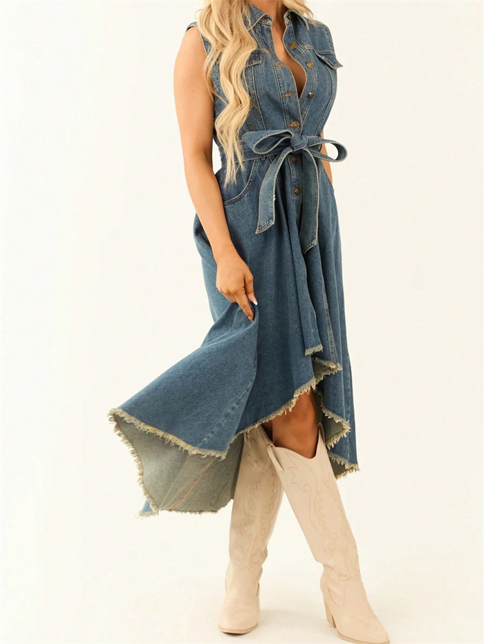 Robes en jean pour femmes, sans manches, sexy, asymétriques, style jeune fille, robe longue trapèze, tunique, vêtements en jean pour femme avec lacets