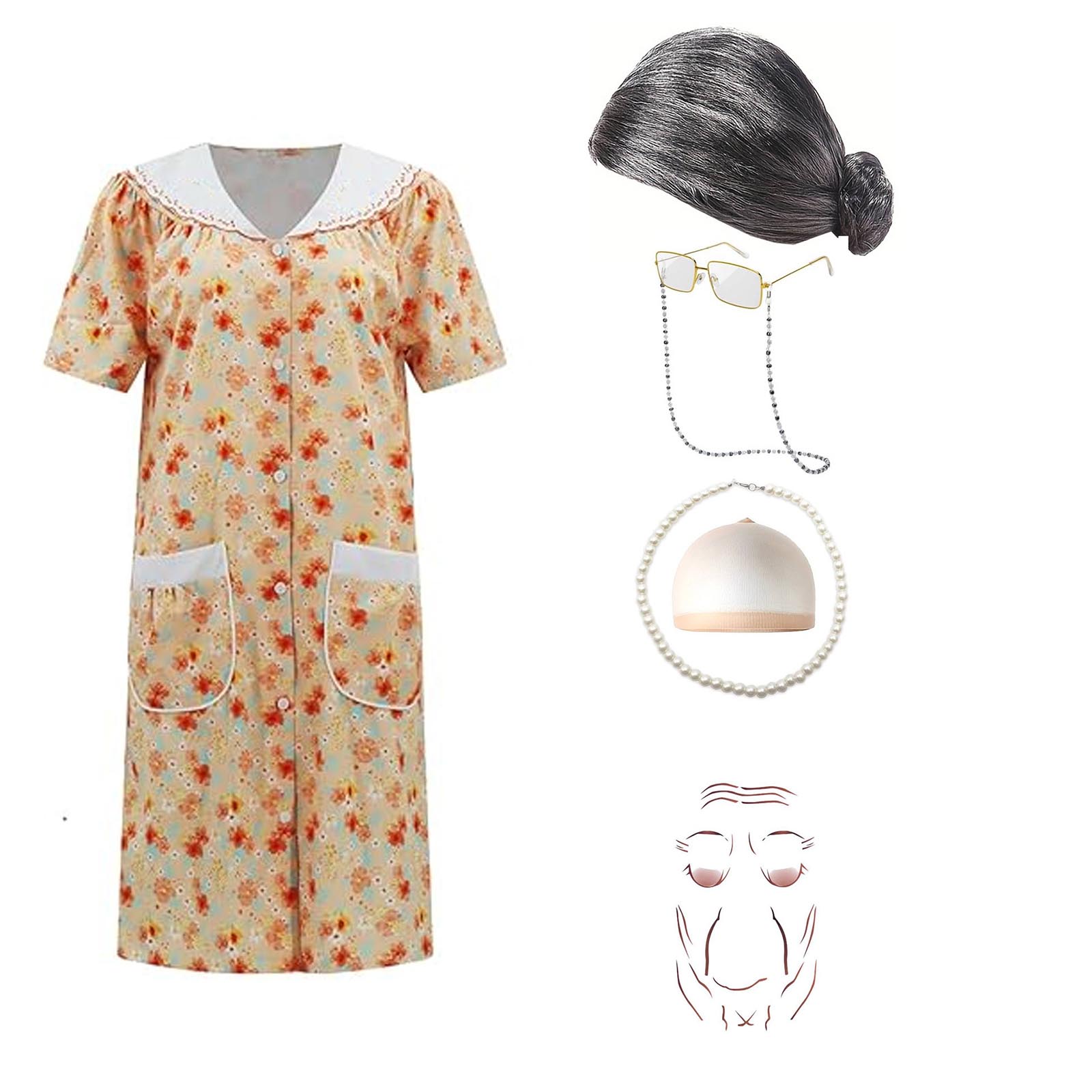 Costume de grand-mère pour la rentrée scolaire des femmes, tenue de spectacle pour Halloween, ensemble robe et chemise de nuit pour femme âgée