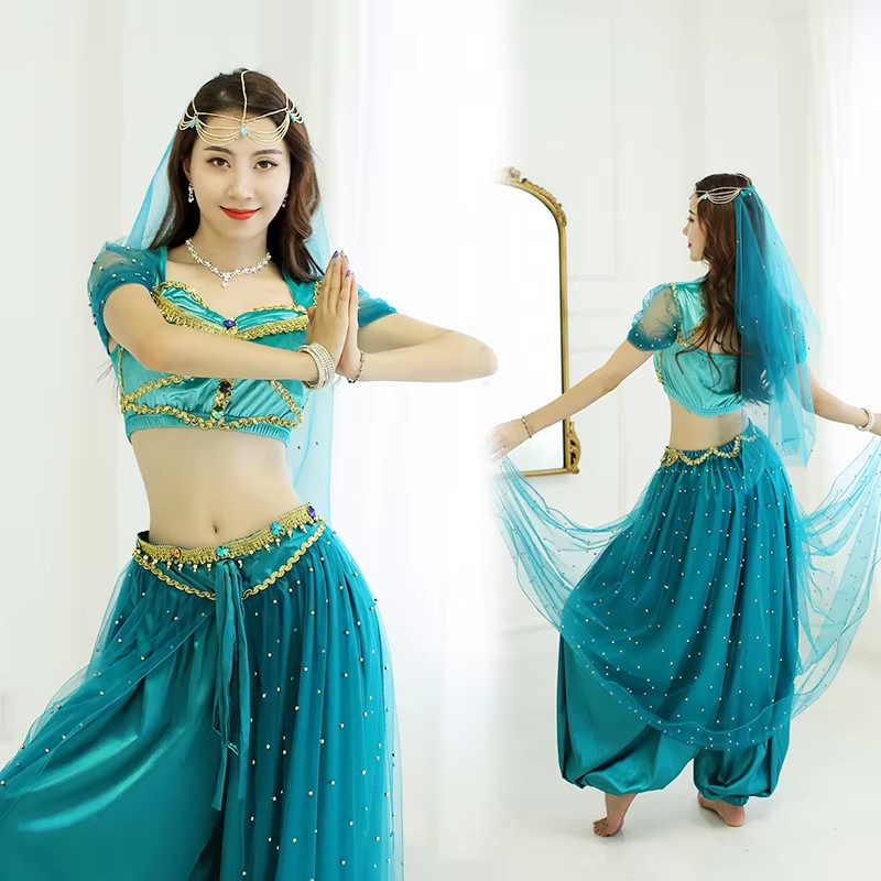 Costume de danse orientale Aladdin, tenue de cosplay d'Halloween, ensemble haut et pantalon avec voile indien Bollywood, couleur turquoise, pour femmes/filles, costume de fête
