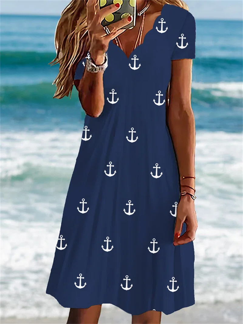 Robe trapèze décontractée à manches courtes et col en V pour femme, petit bateau, robe à commande moyenne, vague sexy, imprimé injecteur floral, style frais à la mode, été