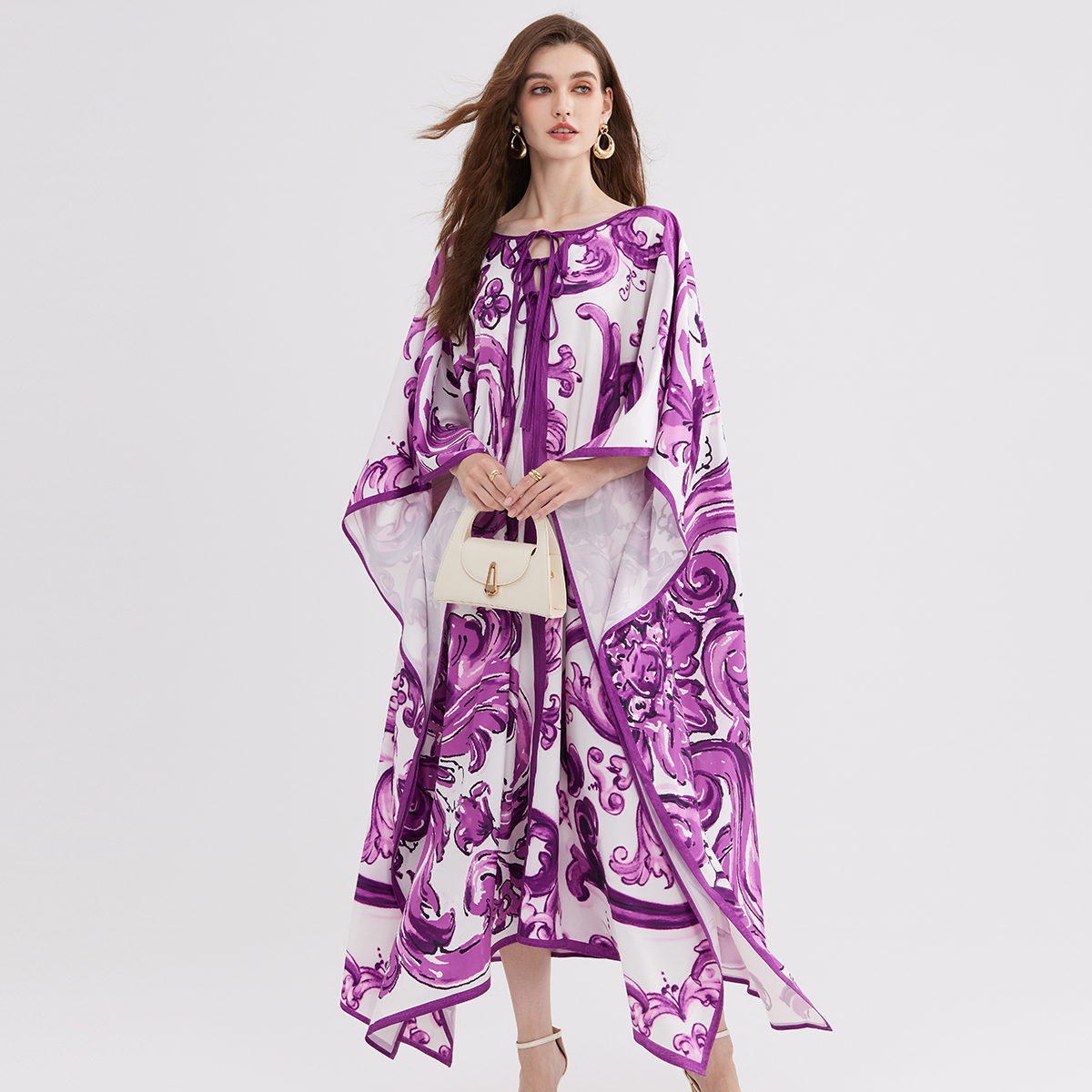 Robe longue kaftan pour femme, imprimé baroque violet, manches chauve-souris, style bohème, ample, cache-maillot de bain, robe de plage pour les vacances d'été