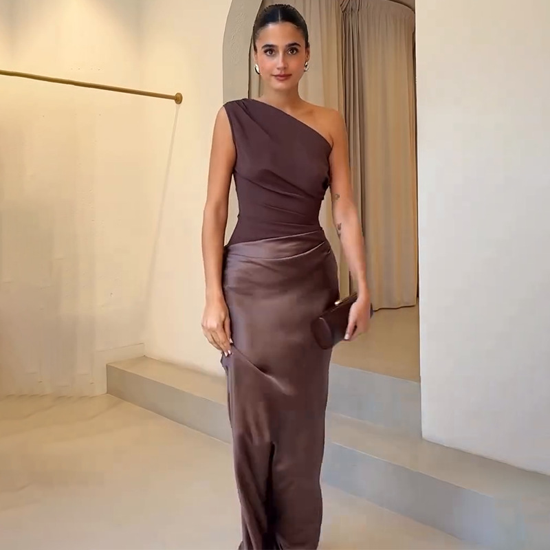 Patchwork Satin robe Sexy femmes une épaule marron sans manches soirée Maxi robe 2025 nouvel été élégant fête Clubwear robes