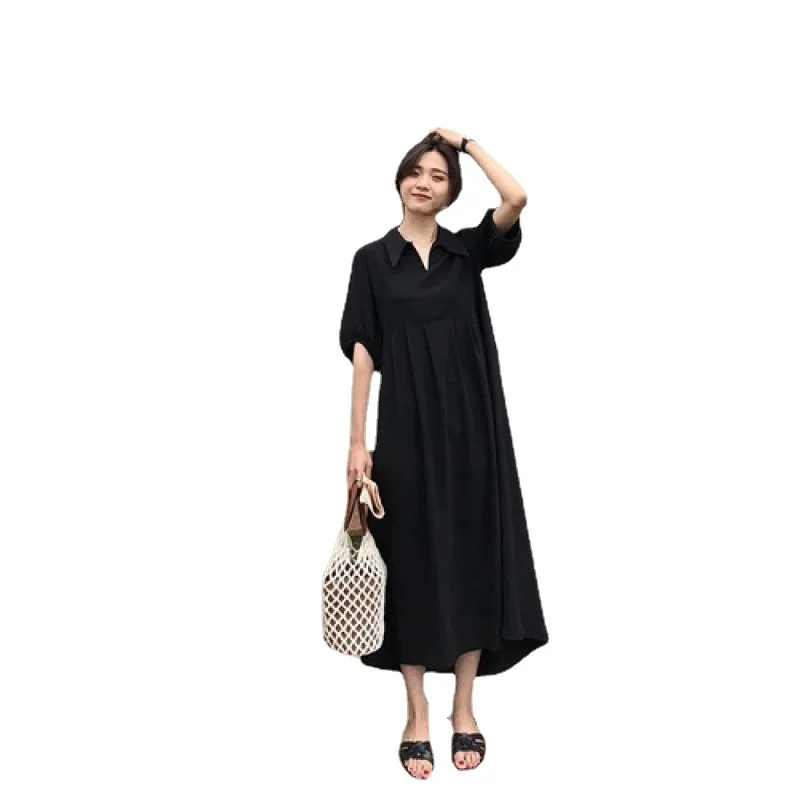 Robe longue trapèze élégante et amincissante pour femme, grande taille, style coréen, nouvelle collection 2023, noire, à manches courtes et col chemise