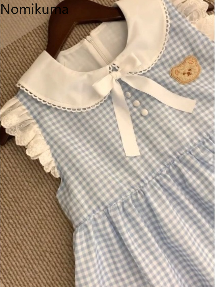 2025 robes De Mujer japonais Robe mignonne pour les femmes broderie ours Patchwork dentelle Robe ample Femme décontracté Chic robes à carreaux
