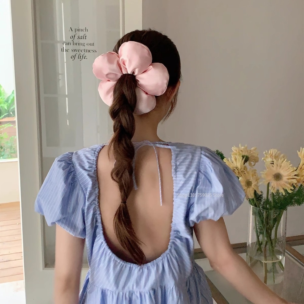 Grande élastique à cheveux en satin à motif floral pour femmes, style coréen, pour les vacances, accessoires de coiffure volumineux