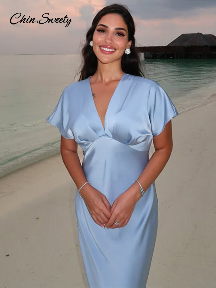 Robe longue en Satin élégante pour femmes, col en v, manches courtes, taille haute, Robes de soirée, mode d'été 2021, ligne a bleue