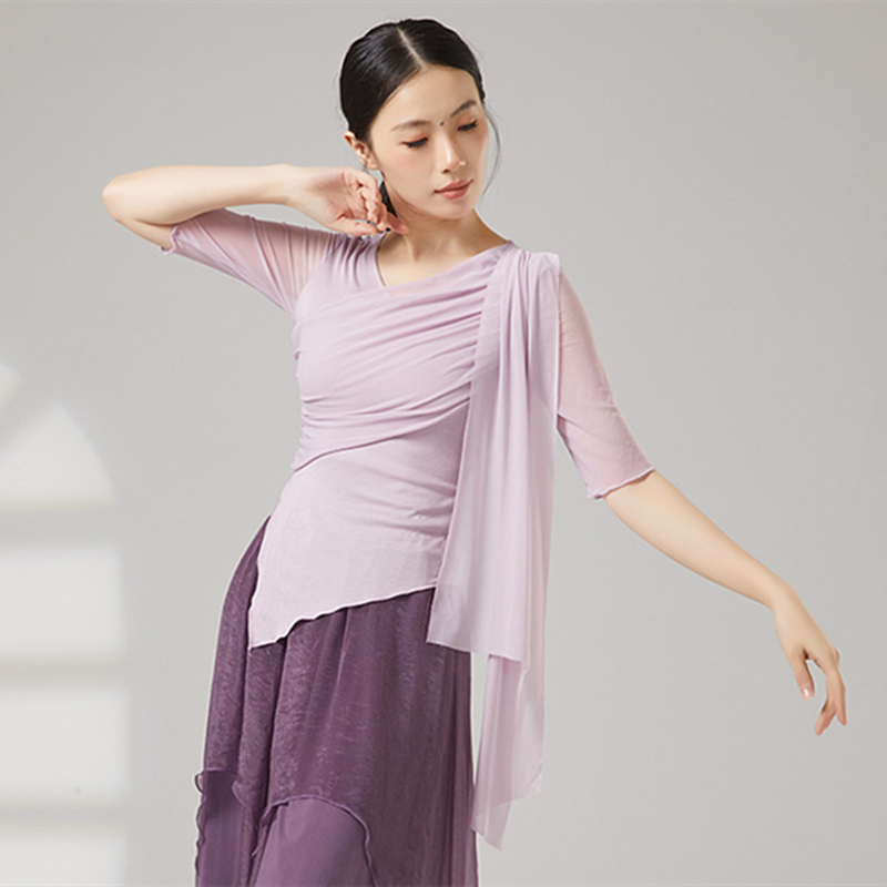 Costume de danse moderne pour femmes, haut à manches en maille évasée, chemise fluide en Tulle épissure, ourlet irrégulier, vêtements d'entraînement quotidien, t-shirt Chic de Yoga sur scène