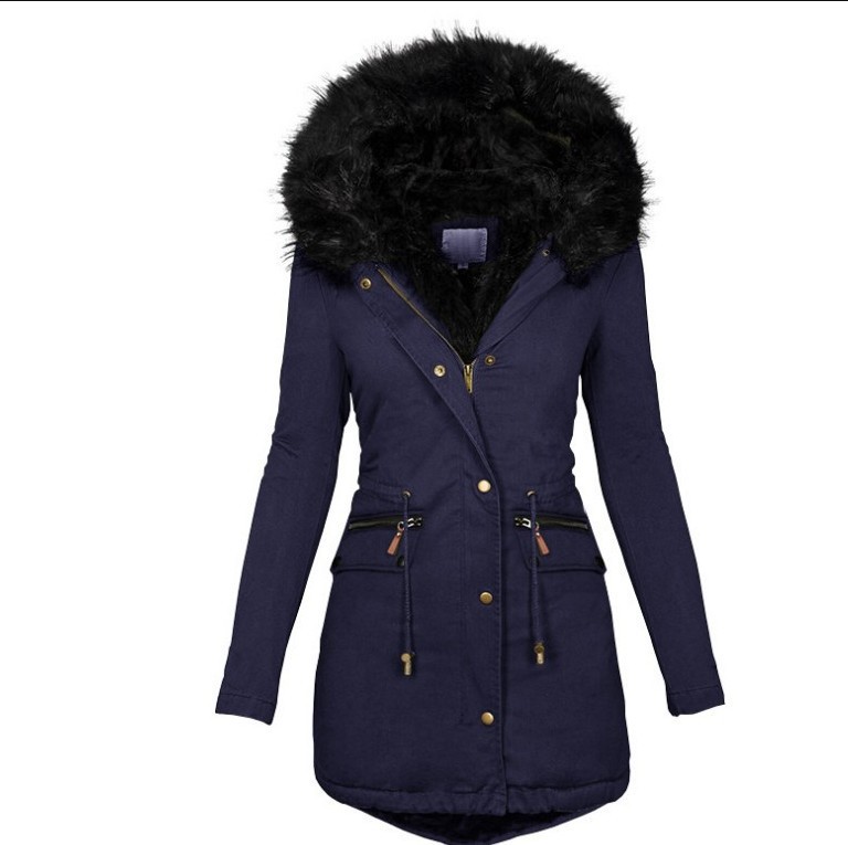 Manteau en laine pour femme, automne-hiver 2026, couleur unie, col en fourrure, capuche, épais, chaud, rembourré en coton, pour vêtements féminins