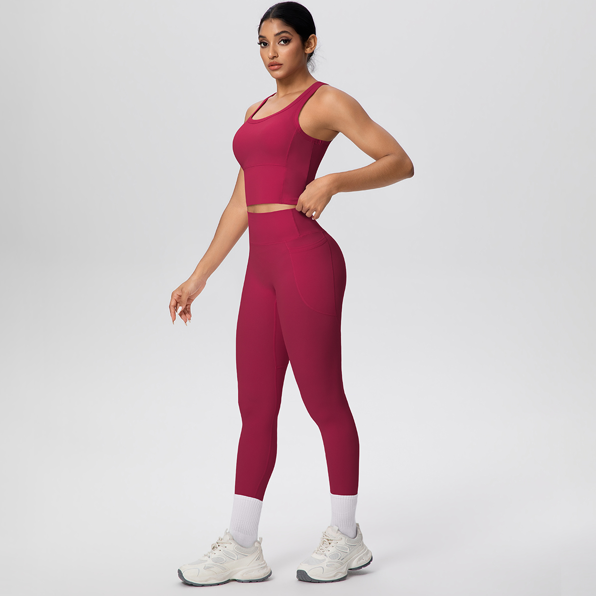Leggings de Sport ensemble de Yoga femmes couleur unie sensation nue débardeur gilet de Yoga séchage rapide pêche fesses poches pantalon ensemble de Yoga