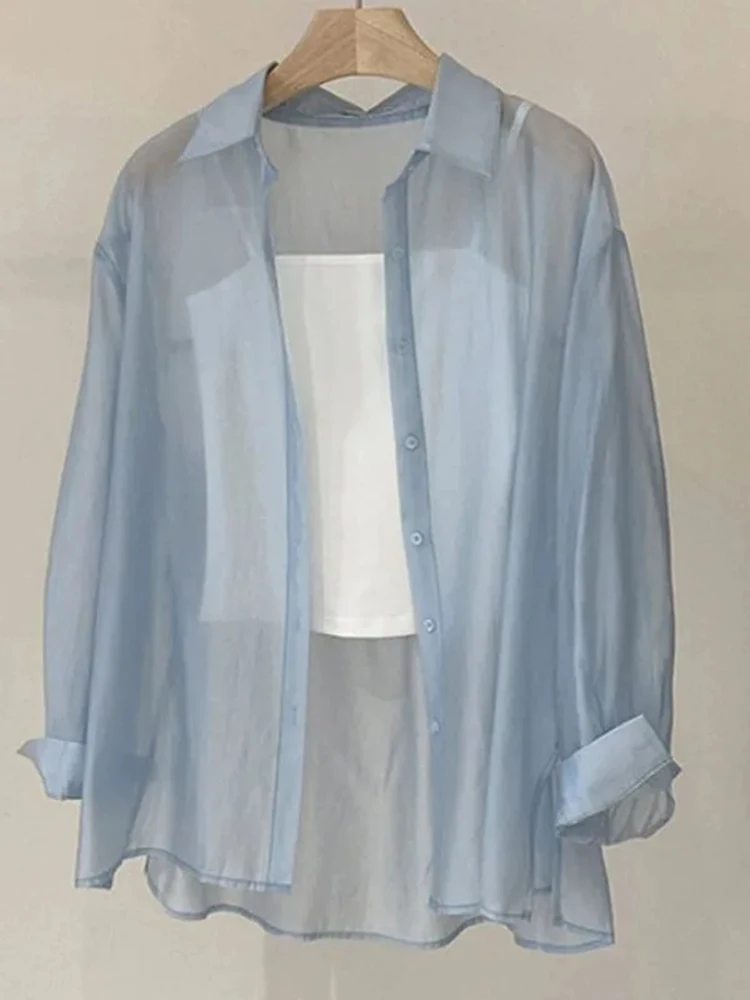 Chemise en maille pour femmes, vêtements d'été fins, manches longues, ample, Chic coréen, gaze fine, doux, étudiant, revers, vêtements de protection solaire