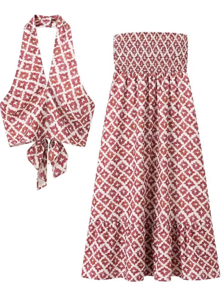 Ensemble jupe imprimée pour femmes, sans manches, col licou, haut une ligne, jupe 2 pièces, tenue de plage et de vacances, mode d'été
