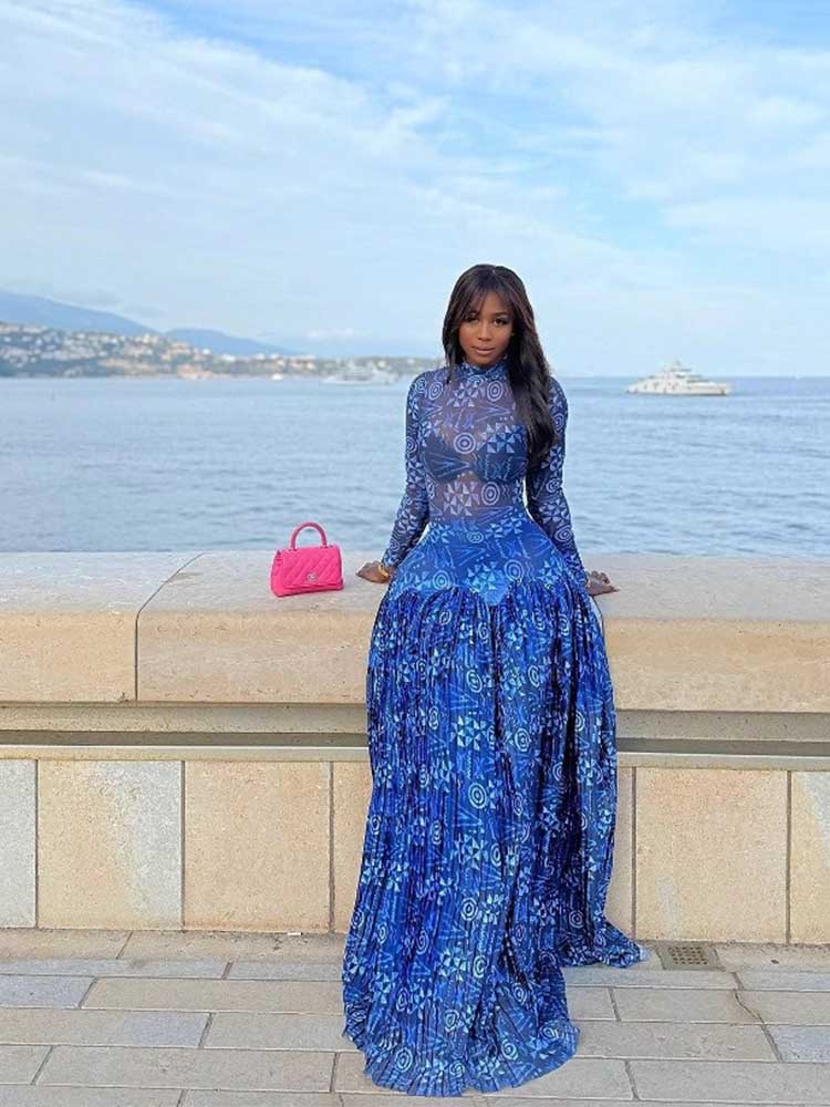 Robe bleu Royal pour femmes, col roulé, taille haute, transparente, légère, longue, avec manches, Streetwear, robe Maxi plissée