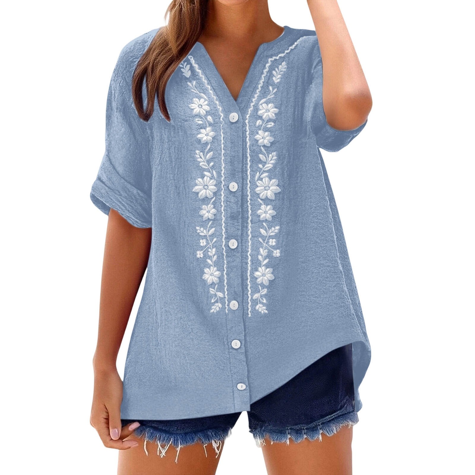 Chemisiers vintage à broderies florales pour femmes, chemises décontractées d'été à col en V et manches courtes, blusas mujer, chemises boutonnées, tuniques en coton et lin