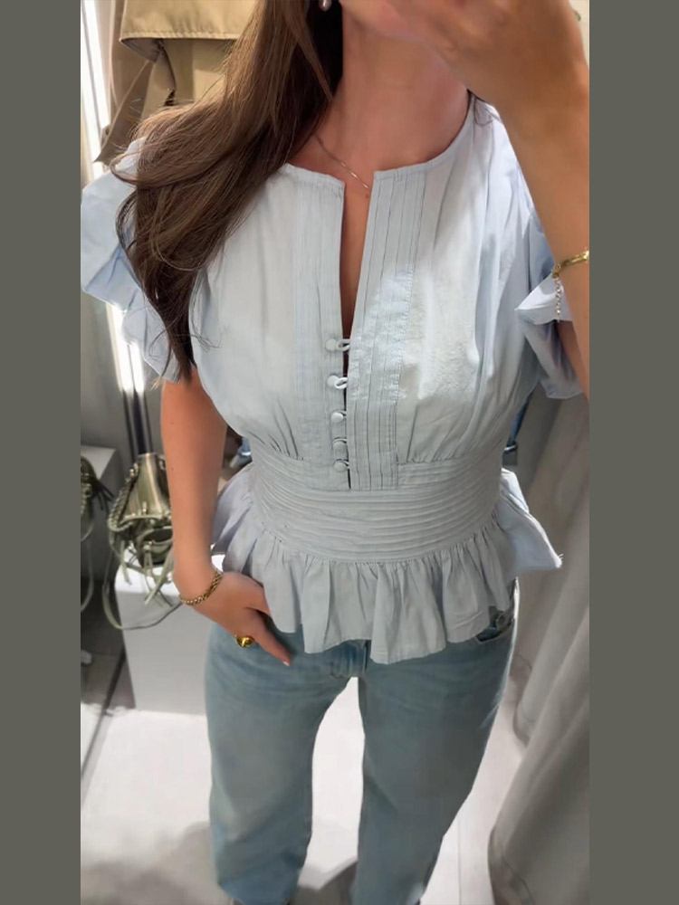 Chemisier en mousseline pour femme, col fendu, simple boutonnage, manches bouffantes, taille smockée, ourlet à volants, élégant, décontracté, chic, tenues d'été 2026