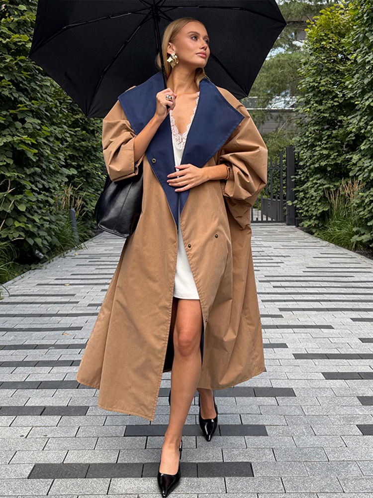 Manteau Trench Chic Effet Froissé Col Montant Manches Lanterne Amples Tissu Imperméable Anti-Plis Automne 2026 Manteaux Quotidiens pour Femme