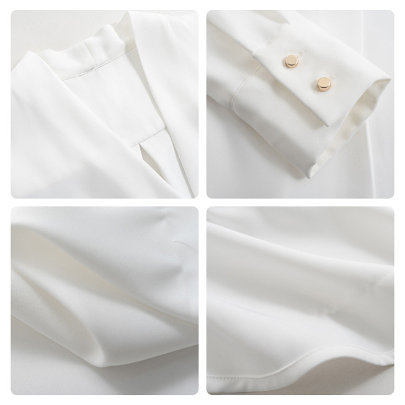 Chemisier blanc à col en V pour femme, élégant et chic, en mousseline, idéal pour le bureau, collection Printemps-Été 2026, haut léger à manches longues