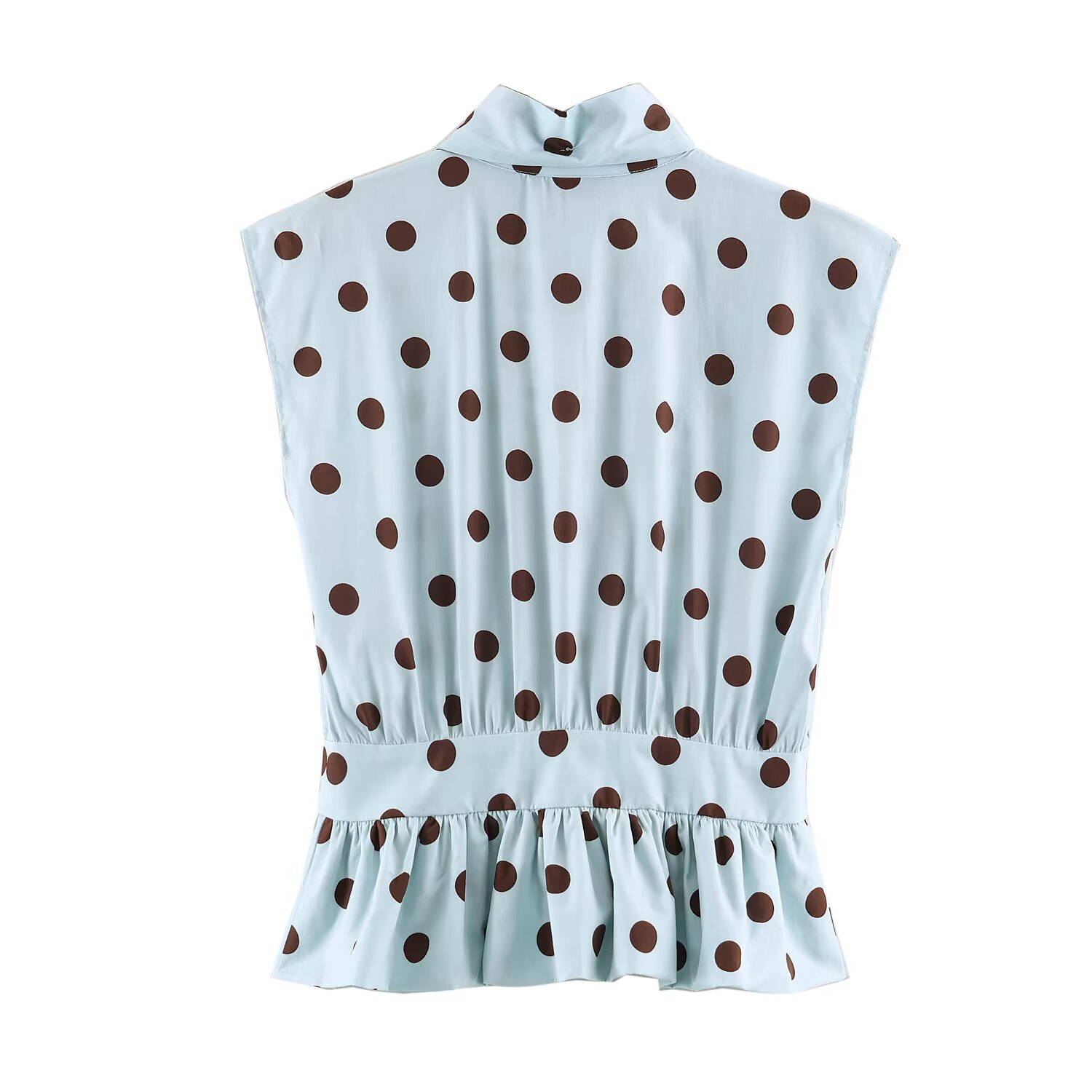 BSAY Nouvelle Blouse Élégante Vintage pour Femme, Col Nœud Papillon, Sans Manches, Imprimé Pois et Rayures, Boutonnée, Taille Peplum Volantée, Crop Top