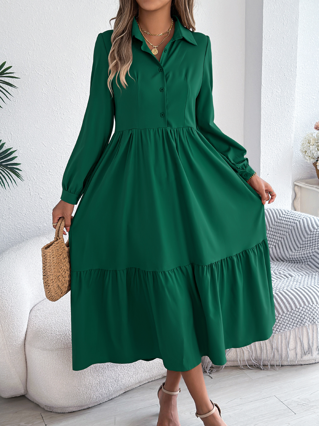 Robe décontractée pour femme à col rabattu et manches longues, idéale pour les vacances, printemps-automne, coloris kaki, vert, bleu, rouge