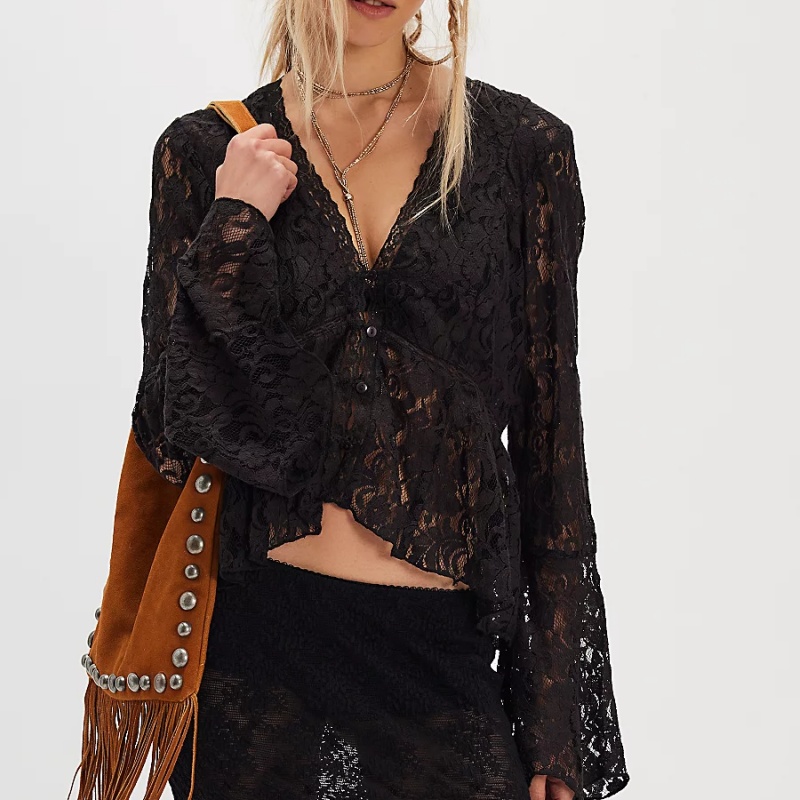 Chemisier en dentelle transparente pour femme, style bohème, à manches longues cloche, effet poncho, sexy, en maille fluide, avec ourlet à volants, type châle