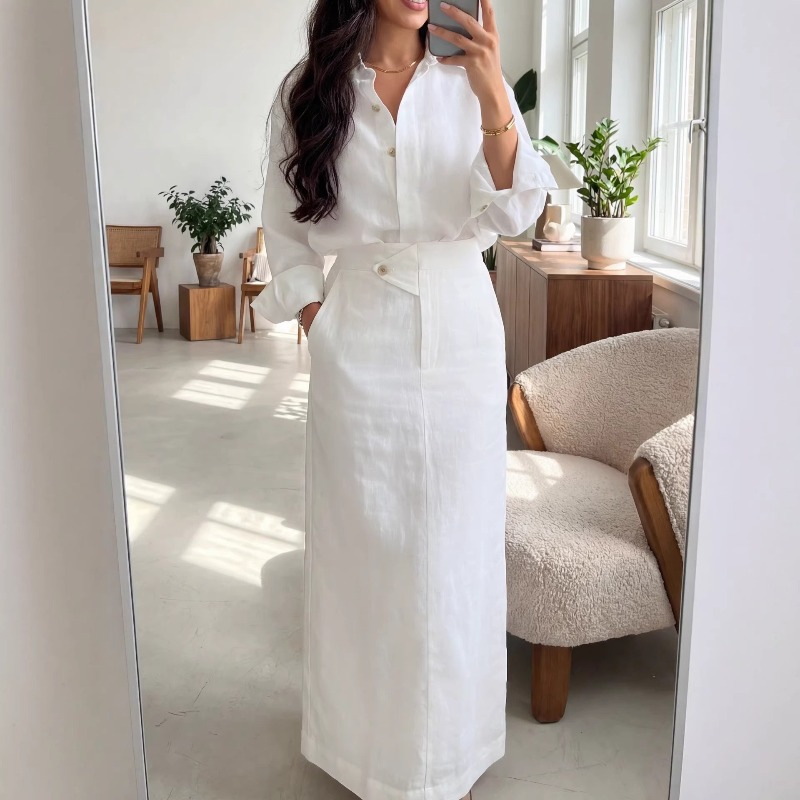 Ensemble élégant 2 pièces pour femme : chemise boutonnée oversize et jupe longue taille haute – Tenue décontractée chic pour le printemps