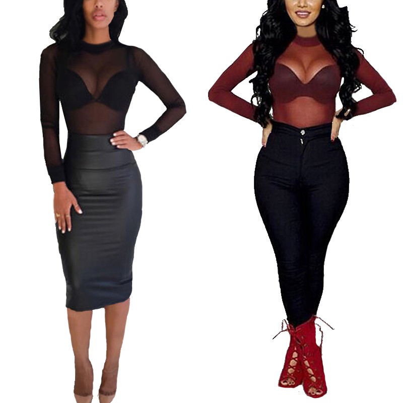 Chemisiers Sexy pour femmes, maille transparente, col montant, manches longues, chemise transparente, hauts pour dames