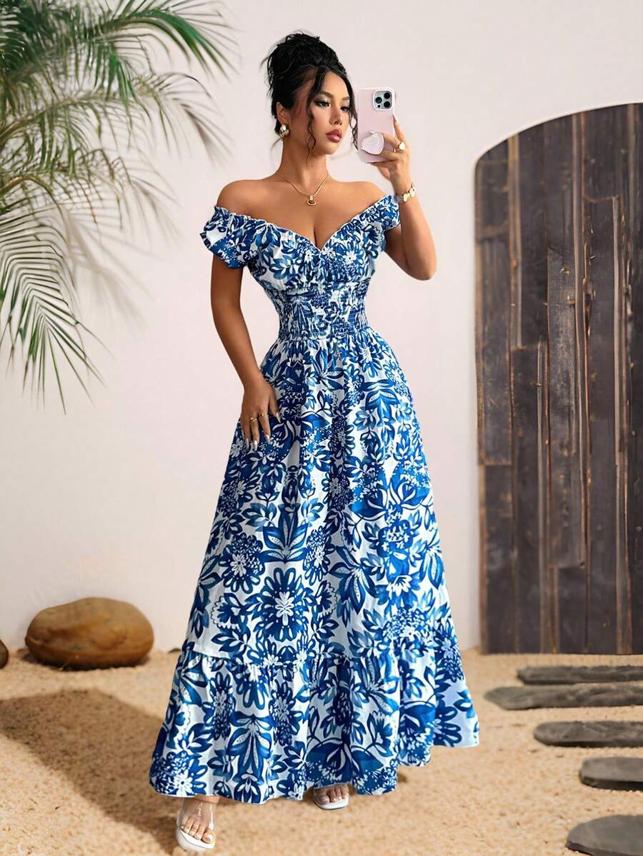 Robe longue élégante et charmante pour femme, nouvelle robe légère en tissu floral avec manches bouffantes, dos ouvert et taille froncée, idéale pour les rendez-vous et les vacances