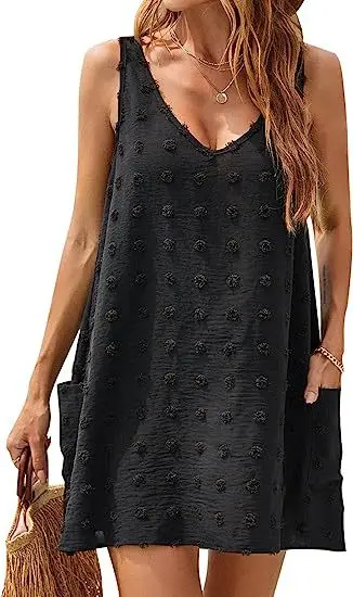 Robe de plage pour femmes, col en v, gilet ample, bretelles avec poche, T-Shirt à pompon, sans manches, longueur au sol, taille