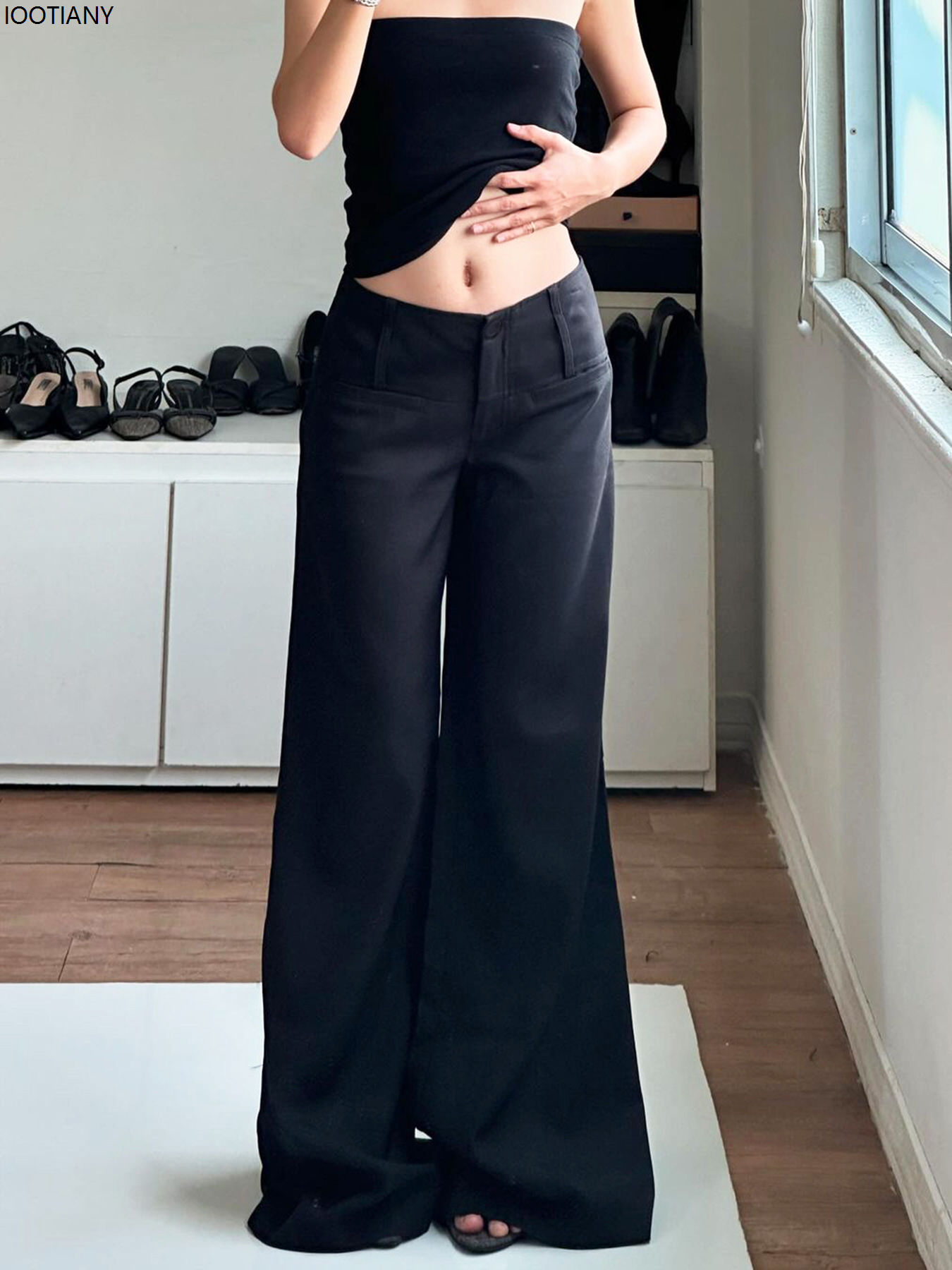 Pantalon de costume noir à jambes larges pour femmes, Style coréen, taille basse, décontracté, ample, mode de rue Y2k, pantalon basique polyvalent