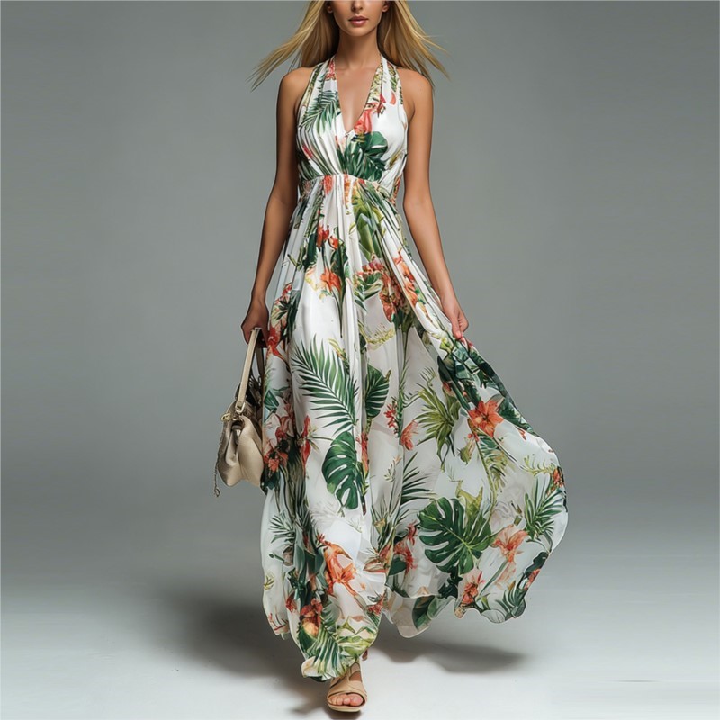 Nouvelle Robe Longue Décontractée d'Été pour Femme, Imprimé Floral, Col Halter, Sans Manches, Col en V, Coupe Trapèze, Idéale pour les Fêtes