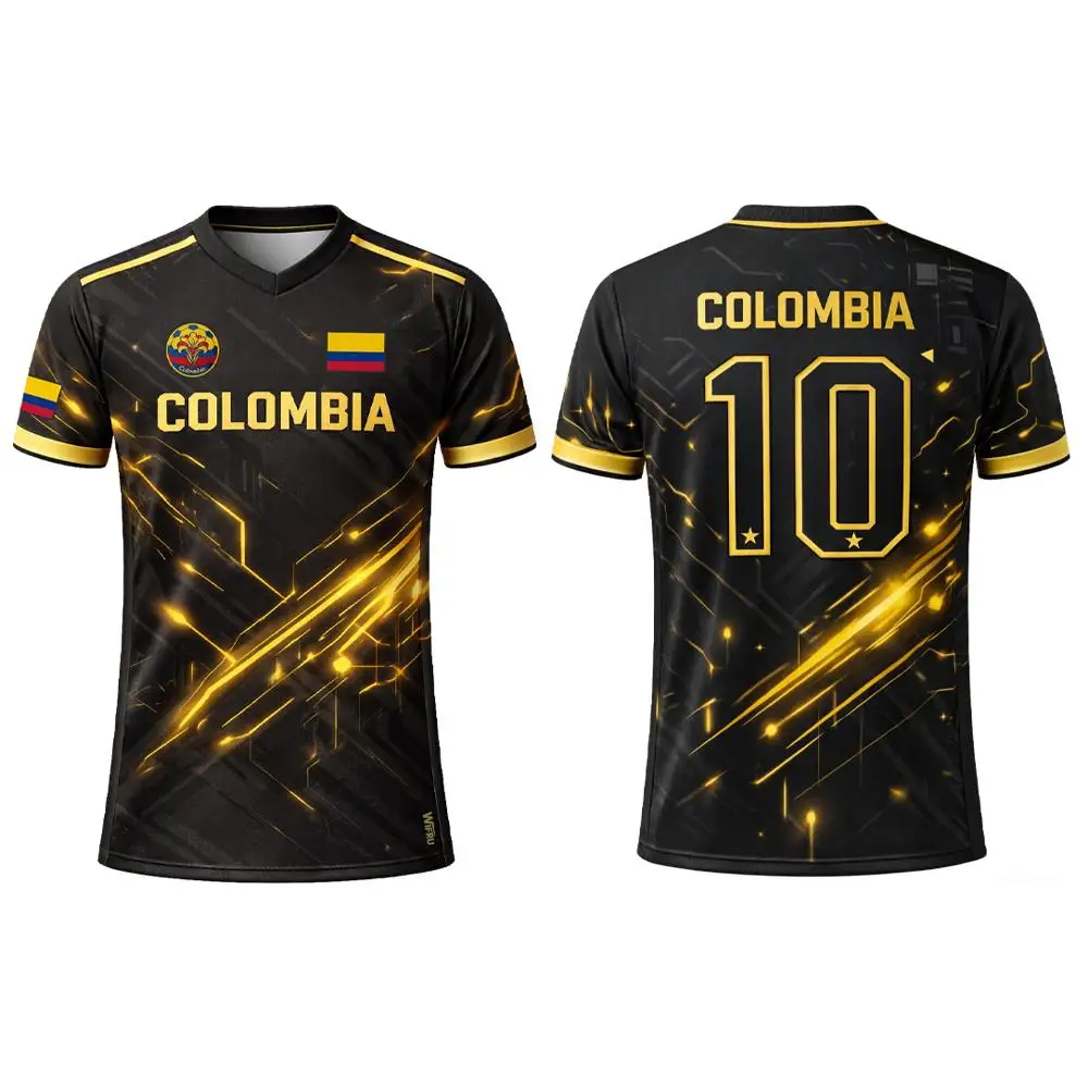 Maillot de football respirant à manches courtes imprimé en 3D avec drapeau de la Colombie, pour sports d'été en plein air, haut d'entraînement unisexe décontracté à col en V