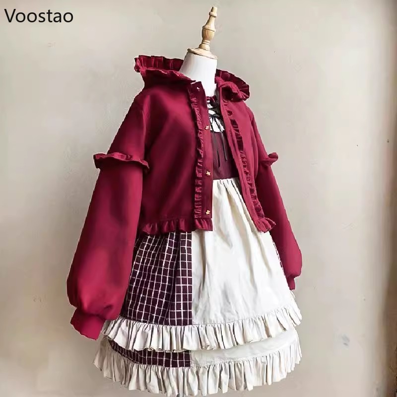 Doux Lolita femmes veste japonais Kawaii à capuche volants manteau Vintage automne hiver hauts vêtements d'extérieur chauds vestes de mode japonaise