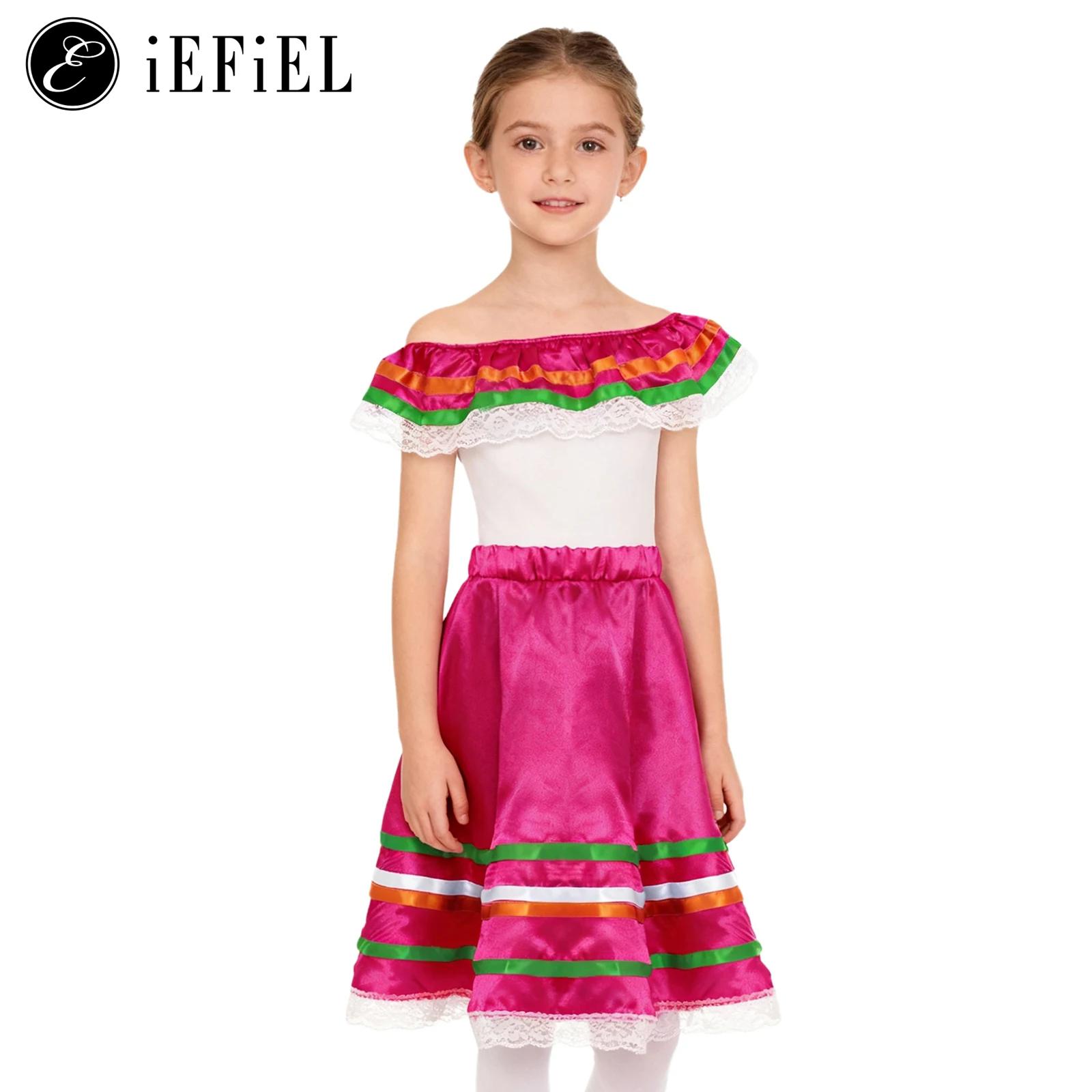 Robe de danse Flamenco mexicaine 2 pièces pour filles, tenue à épaules dénudées, haut à volants avec jupe, ensemble d'activités mexicaines, Costumes de carnaval