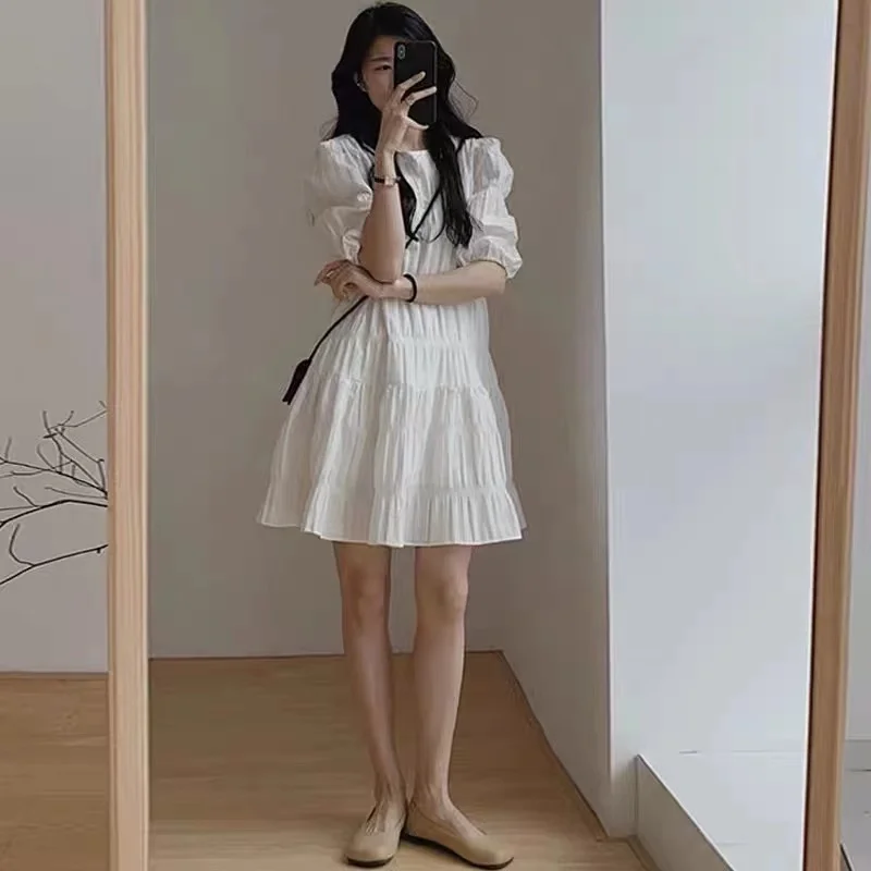 Robe plissée française tendance pour femmes 2026, robe décontractée ample à manches courtes, robe de plage d'été, robe de soirée, robes blanches, vêtements Y2k