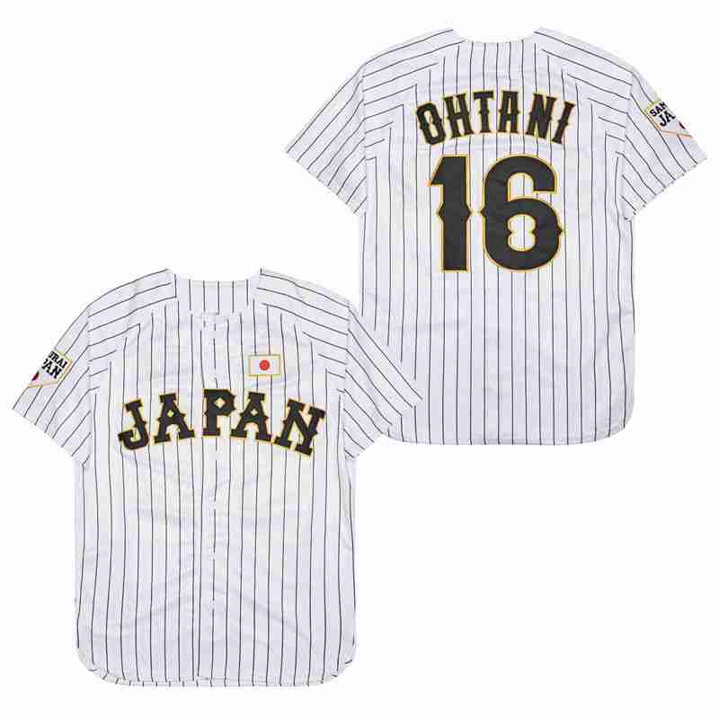 Maillot de baseball Japon 16 OHTANI Broderie cousue pas cher Haute qualité Vêtements de sport d'extérieur BLANC Rayures noires SAMOURAÏ
