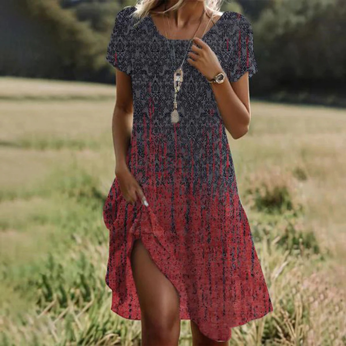 Robes ethniques pour femmes, manches courtes, col rond, mode d'été imprimée, vacances de rue, jupe mi-longue de plage