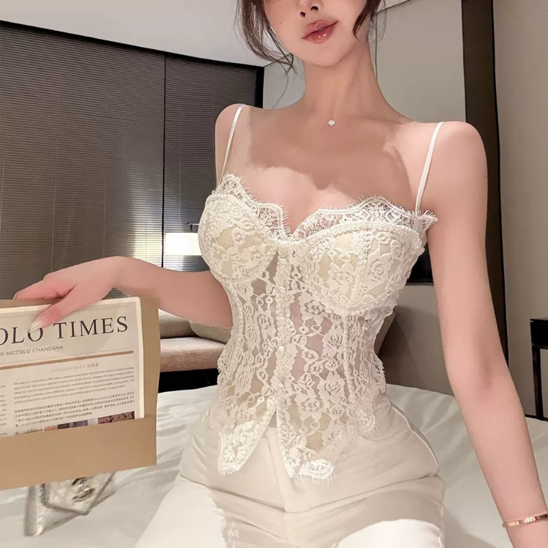 Camisole transparente en dentelle tendance, sexy, sans manches, dos nu, corset en dentelle à baleines, gilet d'été ajusté pour femme