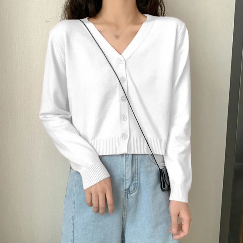 Cardigan court à manches longues pour femme 2026, col en V, boutonné, tricoté, automne-printemps, simple boutonnage