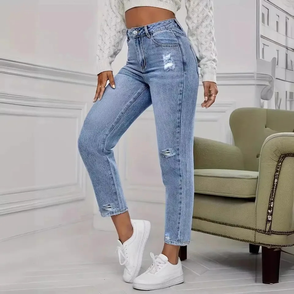 Jean décontracté déchiré et délavé pour femme – Nouvelle collection printemps-été – Coupe droite longueur cheville