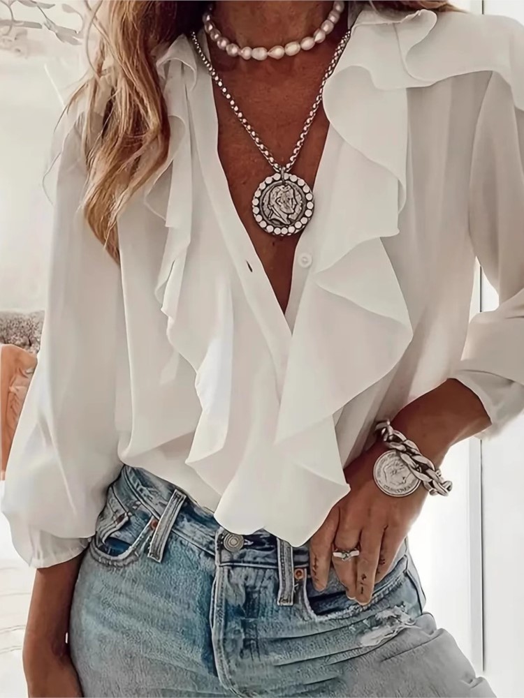 Chemise femme col en v à manches longues haut volant printemps été mode élégant solide bureau vacances chemises décontractées vêtements pour femmes