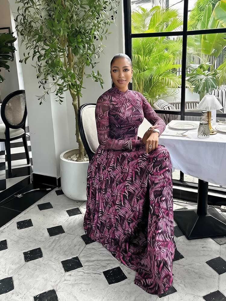 Robe longue à manches longues pour femme, imprimée, élégante, plissée, amincissante à la taille, vente en gros, livraison directe