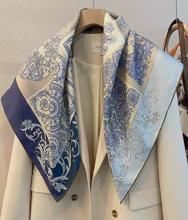 Foulard carré de luxe imprimé en soie de mûrier 90 cm pour femme, grand châle en satin, bandana, foulard de tête, bandeau