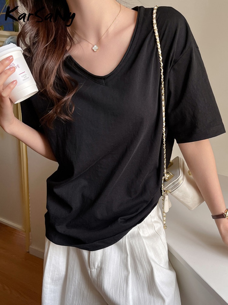 T-shirts amples en coton pour femmes, hauts d'été surdimensionnés, basique, col en V, manches courtes, blanc, noir, coton et lin, bureau pour dames