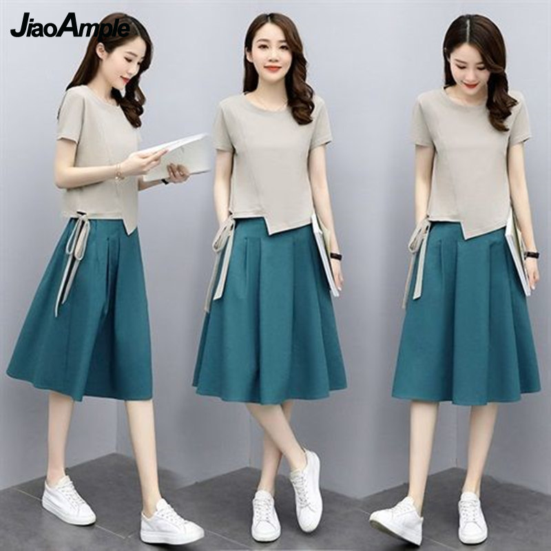 Ensemble t-shirt et jupe midi à manches courtes pour femmes, vêtements féminins élégants, mode coréenne, été, nouveau, 2025, 2 pièces