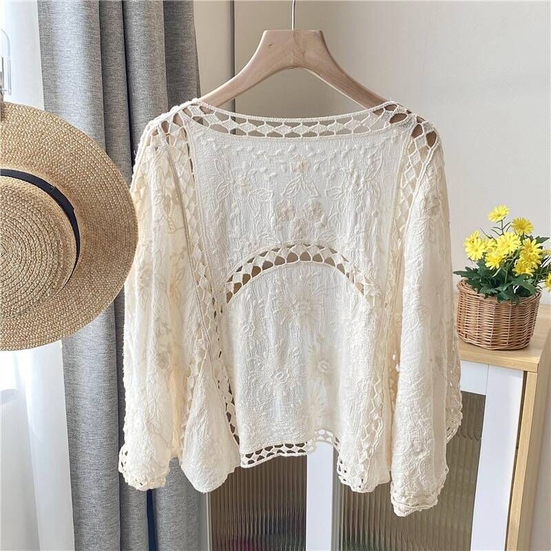 Cardigan pour femme à manches kimono, ouvert sur le devant, ajouré, en maille ouverte, style bohème, pour le printemps, l'été et comme cache-maillot de plage