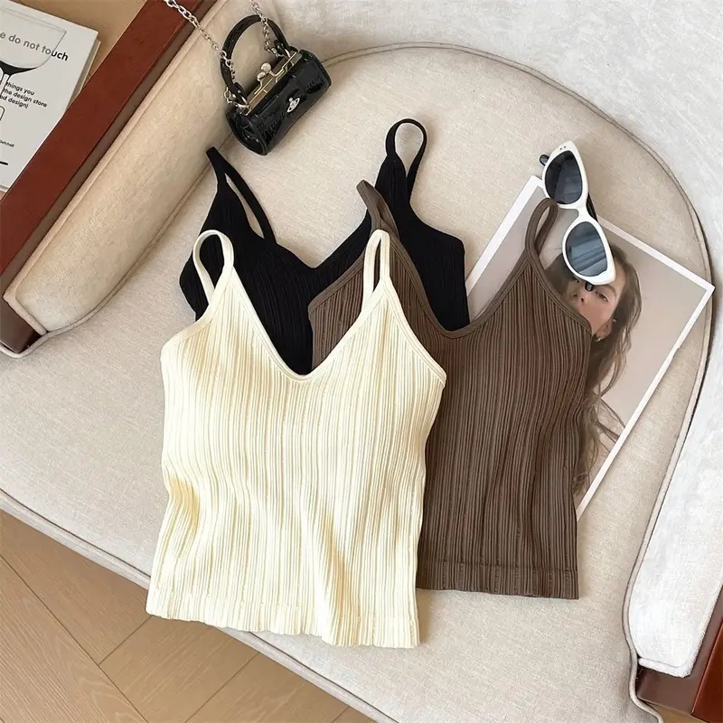 Débardeur en tricot d'été sans manches à col en V pour femme, blanc et noir, style décontracté basique, débardeur à épaules dénudées, sexy, dos nu, crop top