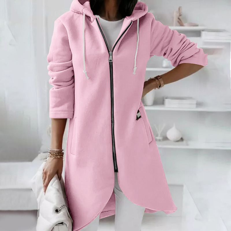 Veste à Capuche Longue pour Femme, Manteau avec Fermeture Éclair, Couleur Unie, Décontracté, Poches, Vêtements d'Extérieur, Automne et Hiver