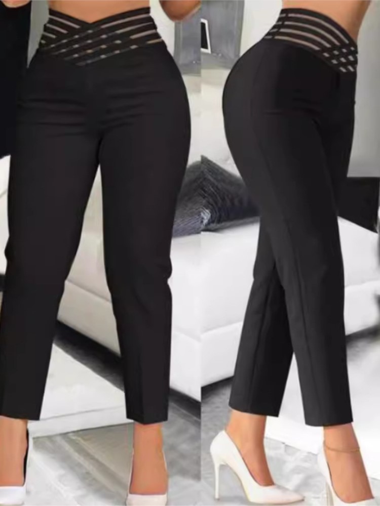 Pantalon femme mode décontracté bureau noir blanc maigre cheville longueur pantalon femme Sexy évider taille haute pantalon printemps été