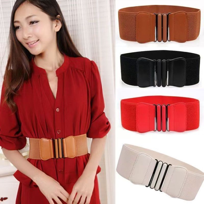 Robe version coréenne pour femmes, avec double bouton ovale, décoration de ceinture élastique et large ceinture corset en faux cuir