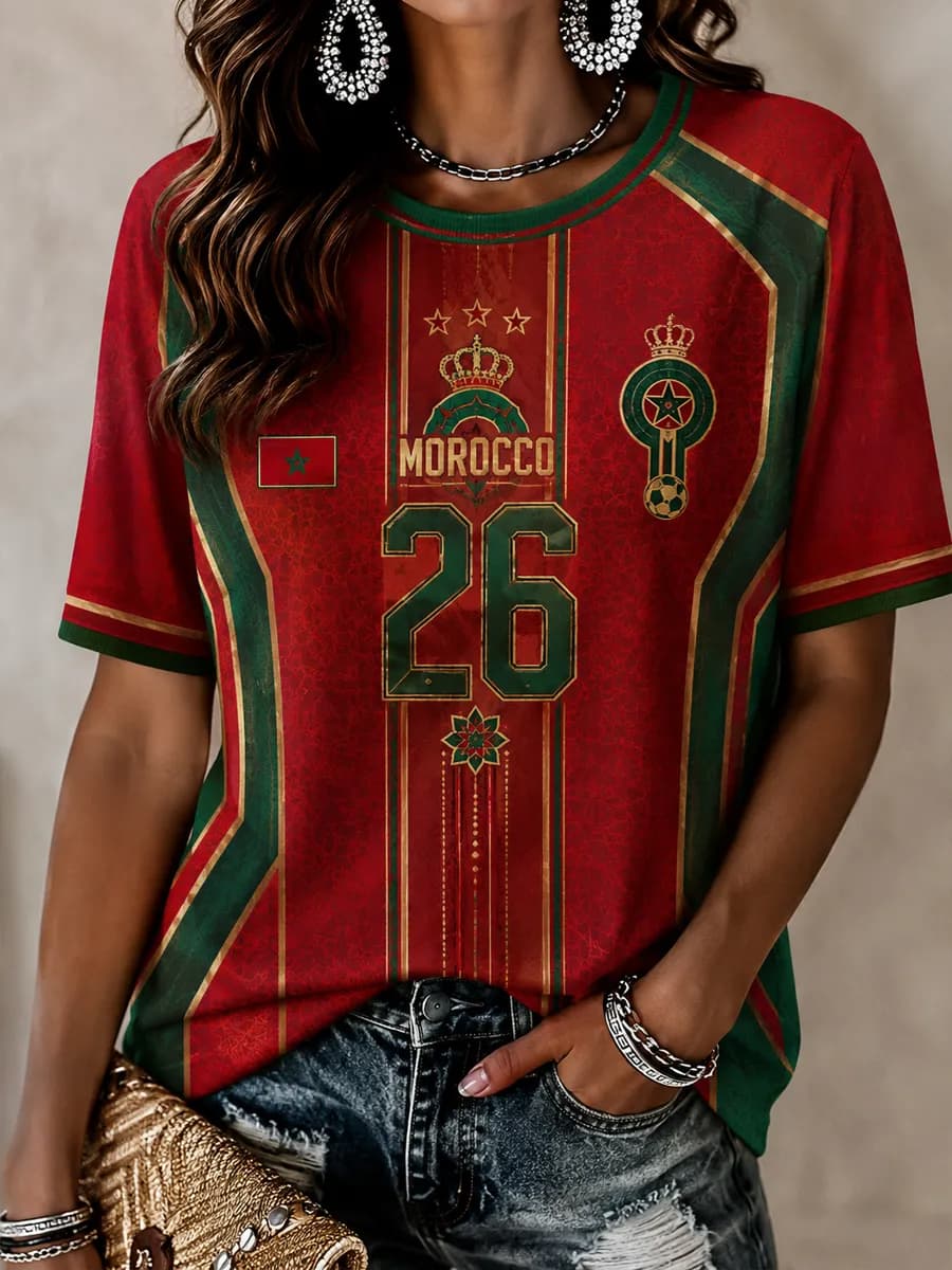 T-shirt de sport décontracté pour femme, col en V, avec drapeau de l'équipe nationale du Maroc 2026, écusson « MAROCCO » et bordure traditionnelle